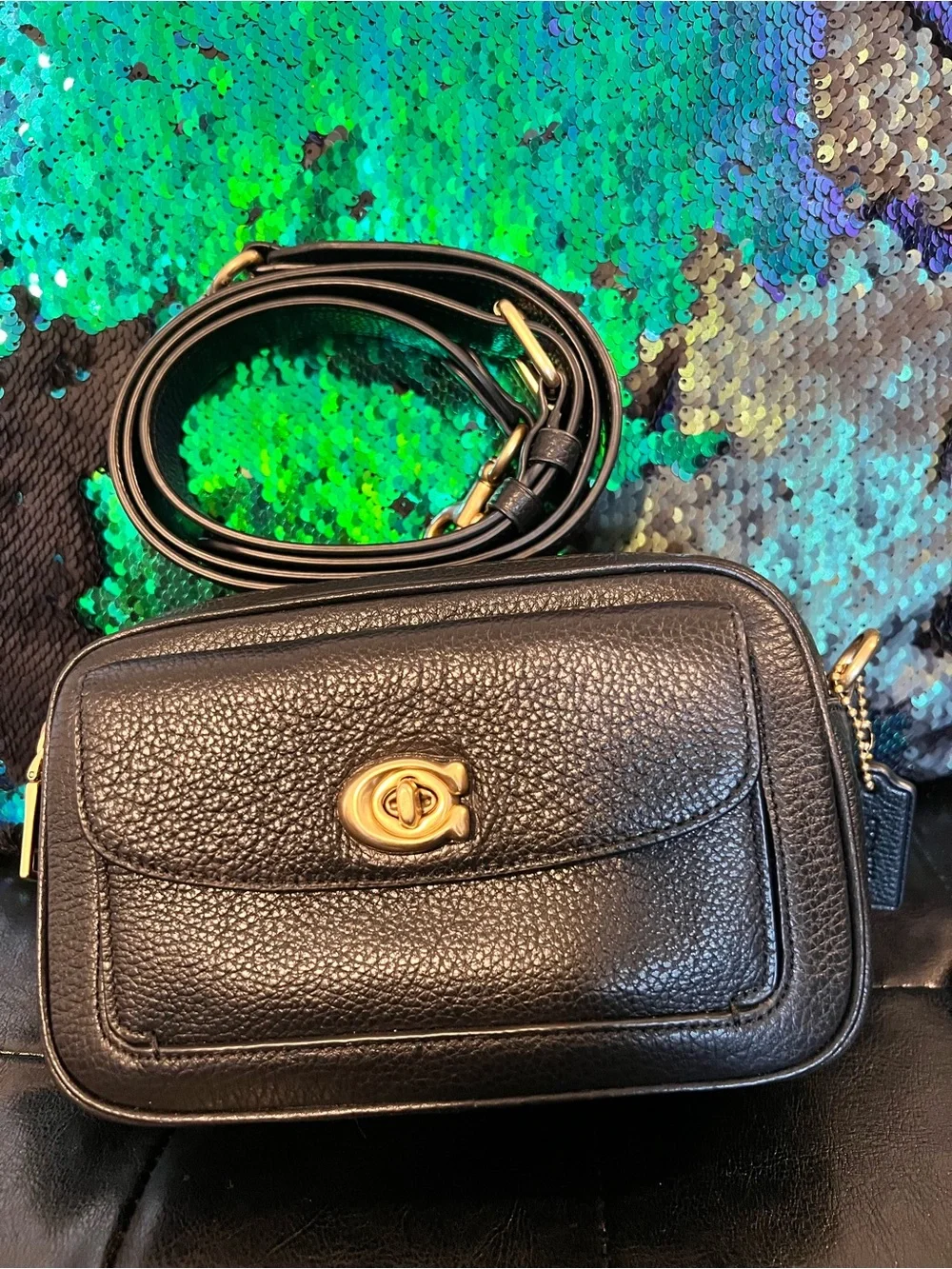 Coach Black Pebbled Leather Crossbody with Gold Turnlock; Small crossbody